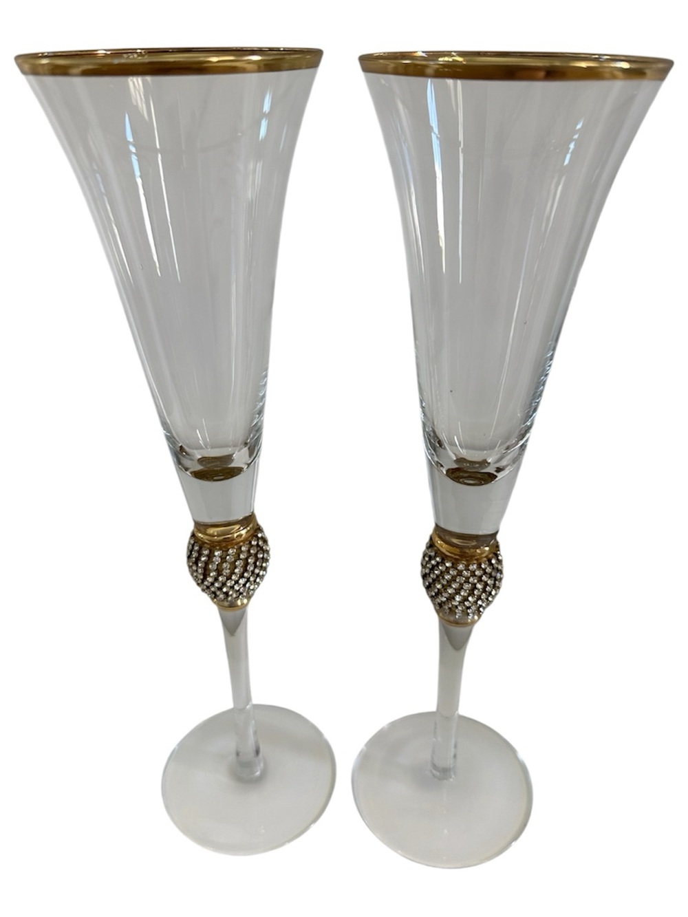 Elegant Gold Rim Rhinestone Champagne Flutes – Set of 2 – 11” Tall